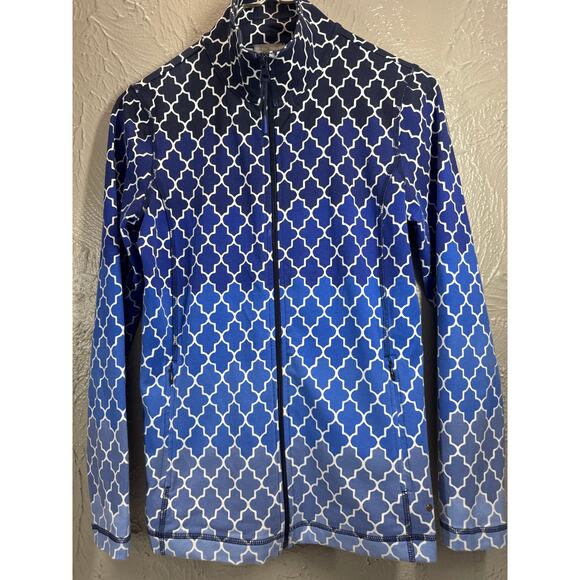 T by Talbots Womens Yoga Jacket Coat Top Full Zip Blue White Printed Size XS - Picture 2 of 5